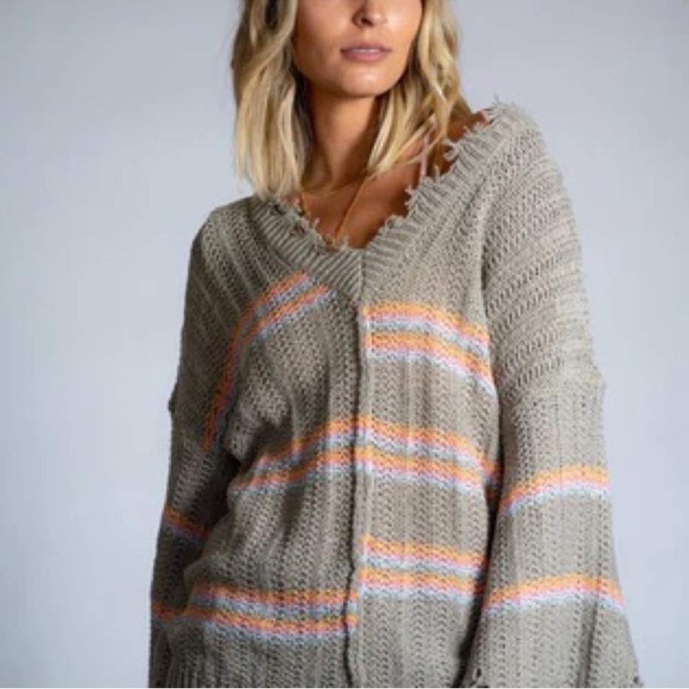 Three Bird Nest Rumi Distressed Fringe V Neck Sweater